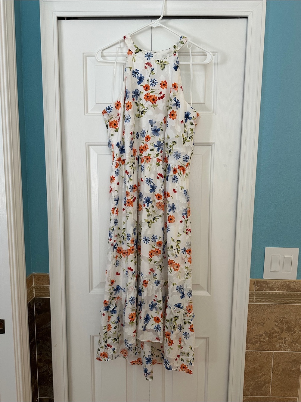 Elle White Halter Floral Maxi Dress with Blue & Orange Blooms